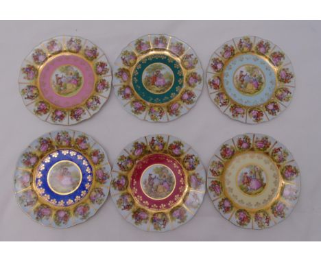 A set of six J K W Decor Carlsbad Alt Wien cabinet plates with courting scenes by Saji Fragonard, marks to the bases, 19.5cm 
