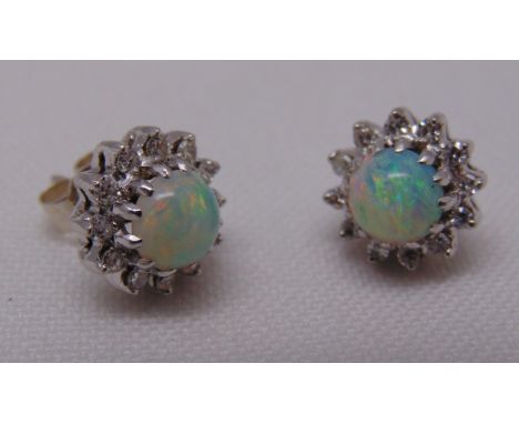 White gold, opal and diamond earrings, tested 14ct, approx total weight 4.4g