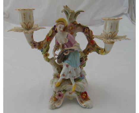 Dresden figural two light candelabrum on three scroll supports, A/F, 23cm (h)