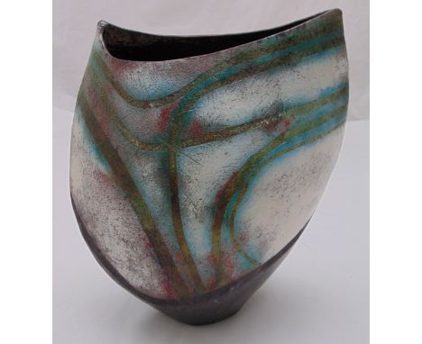 David Howard Jones ceramic Raku vase of oval section and polychromatic geometric decoration, signed to the base, 30cm (h)