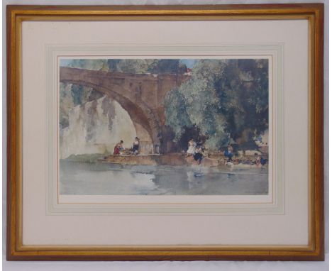 William Russell Flint framed and glazed polychromatic limited edition print of figures beneath a bridge by a river, blind sta