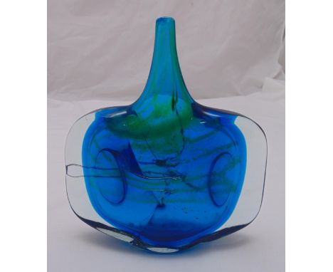 Mdina art glass fish/axe vase, shaped oval with shades of blue interior, signed and dated to the base 1974, 24cm (h)