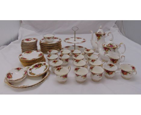 Royal Albert Old Country Roses teaset to include a teapot, cups, saucers, plates, two tier biscuit stand and sandwich plates 