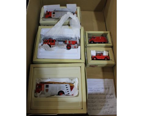 Five Corgi Classic diecast vehicles: Fire Brigade, viz: Bedford van, Morris Minor pick-up, AEC Pumper, AEC ladder and AEC pum