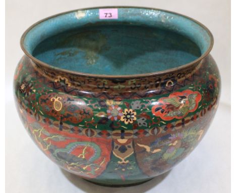 A Japanese cloisonne enamel jardiniere decorated in colours with exotic birds, dragons, ruyi and auspicious devices. Meiji. 1