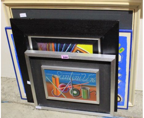Two abstract oils, a watercolour and a lithograph