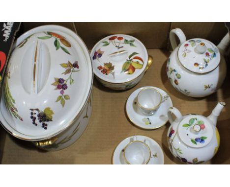 Worcester Evesham. A large tureen with cover, another smaller tureen, two teapots and two coffee cups and saucers