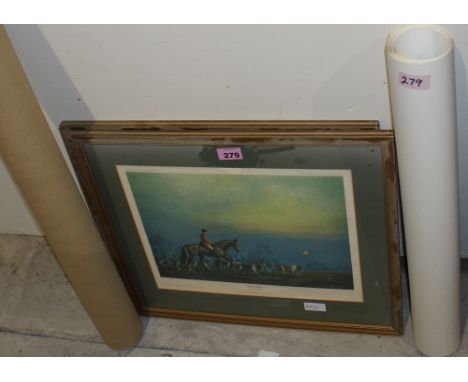 A pair of framed hunting prints and an unframed David Shepherd print