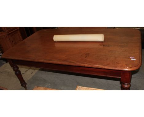 A Victorian mahogany dining table, the rounded rectangular top on turned legs and ceramic castors (one lacking) 71' long
