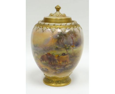 A Royal Worcester blush ivory vase and cover, the body painted with Highland cattle in an expansive river-side landscape with