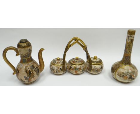 Three items of miniature Satsuma pottery comprising gourd-teapot, bottle vase and condiment set (damage/repairs)