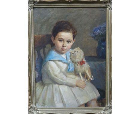 E W H oil on canvas laid on board - three quarter portrait of a seated boy cradling pull-along soft-toy, initialled and dated