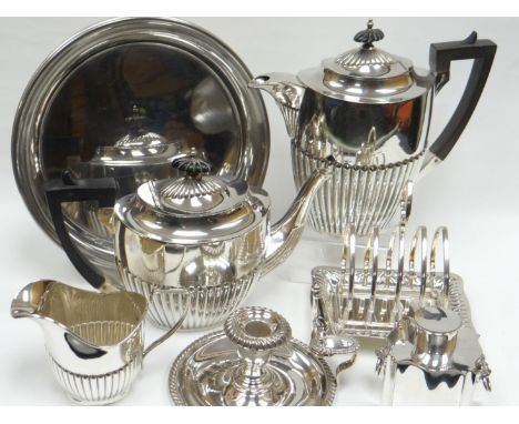 A parcel of EPNS including a three-piece tea-service of fluted form, a toast-rack, chamber-stick with snuffer etc