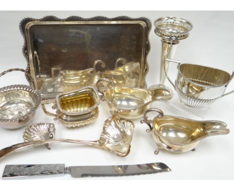 A mixed parcel of EPNS including vase, sauce-boats, ladle etc