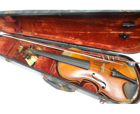 An early nineteenth century violin bearing label for Johann Georg Neiner and dated 1824, 23ins long (58cms) with wooden case 