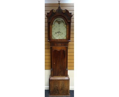 An early Victorian longcase clock, the painted arch dial with rolling moon-face and bearing Arabic numerals, the decorative h