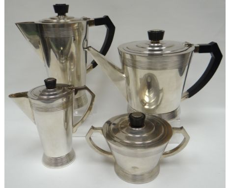 A four-piece British-made Art Deco tea-service with black bakelite handles marked 'Century Plate' to the base