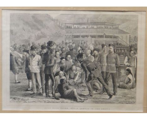 Framed monochrome antique print from a periodical - entitled 'Hong Kong Races, 1878 - A Sketch in the Crowd', 13.5 x 18.5ins 
