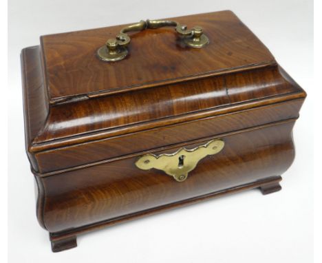A bombe-shaped George III figured mahogany tea-caddy having brass escutcheon, brass carry-handle and on bracket feet (one mis
