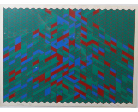 TOM CROSS limited edition 20/20 coloured lithograph - abstract in green, red and blue entitled 'Country', signed, 22.5 x 31.5