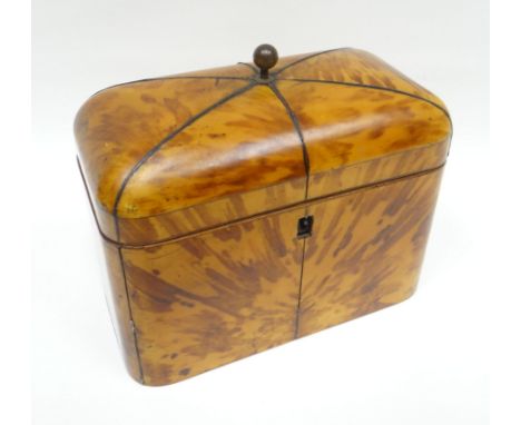 A Regency blonde tortoise-shell loaf-shaped tea-caddy with pewter stringing and an interior fitted with two lidded compartmen