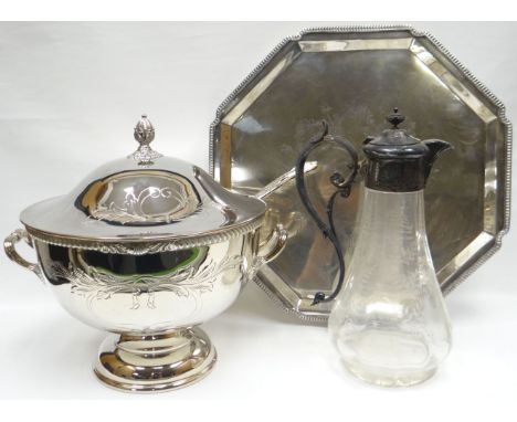 An EPNS lidded punch-bowl and ladle, an EPNS octagonal tray and an EPNS and etched glass claret jug