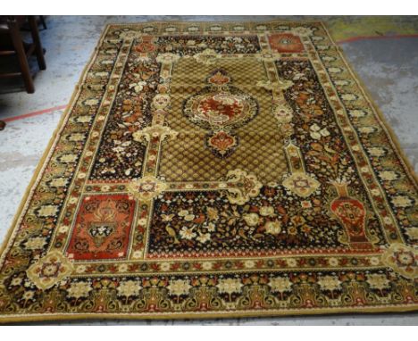 MAINLY GOLD &amp; BLACK GROUND PERSIAN STYLE RUG with centre decoration and urn and flower decorated border, 298 x 199cms, to