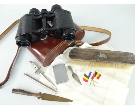 ASSORTED MILITARY / FIELD ITEMS to include pair of Carl Zeiss 8x30 Deltrintem binoculars in a leather case, Allied flags embr