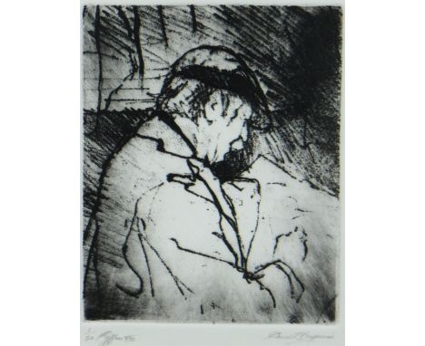 DAVID CARPANINI LIMITED EDITION (1/50) etching - head and shoulders portrait of Sir Kyffin Williams RA sketching, entitled 'K