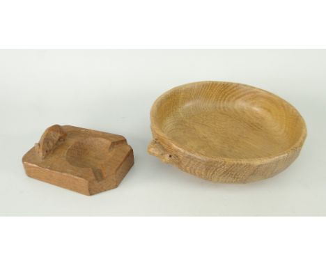 ROBERT 'MOUSEMAN' THOMPSON DISH carved with mouse-signature, 15.5cms diam together with later treen cigar-tray also carved wi