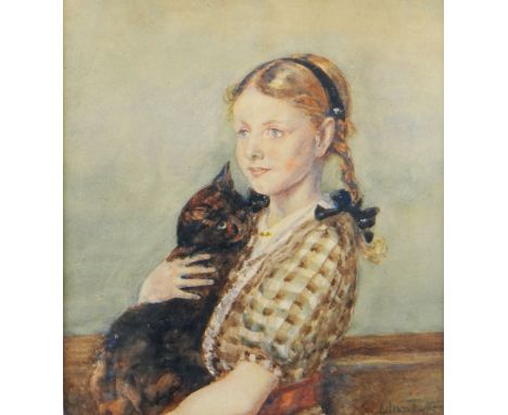 LILIAN RUTTER watercolour- portrait of a girl holding her cat, signed, 22 x 20cms