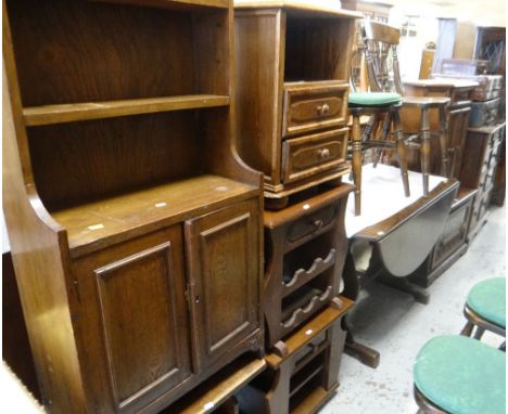 LARGE ASSORTMENT OF WOOD FURNITURE to include gate-leg table and chairs, bookcase with cupboard base, night cabinets ETC