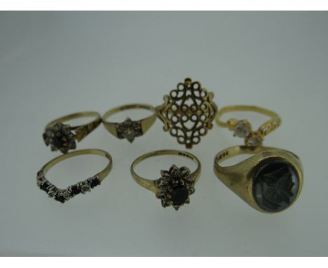 SEVEN VARIOUS LADIES RINGS includes five hallmarked 9ct rings with intaglio type, diamond and sapphire floral ring ETC, 15gms