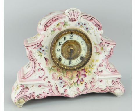 19TH CENTURY FLORAL DECORATED POTTERY CLOCK inscribed verso 'Dresden' 8 day, hour and half hour, Cathedral-bell strike, manuf