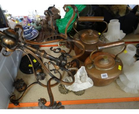 TWO COPPER KETTLES, copper ceiling light and shades