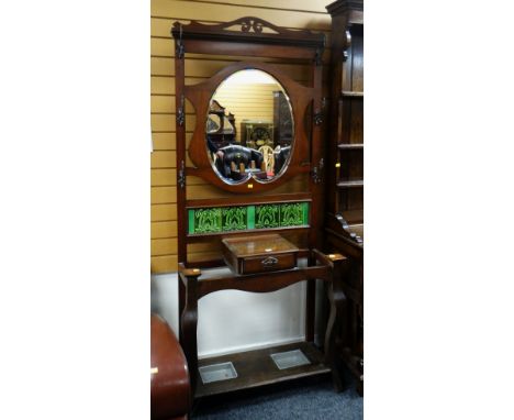 VINTAGE MIRROR &amp; TILE-BACK MAHOGANY HALL STAND with glove compartment, shaped mirror and set of six original ornate metal