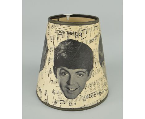 ORIGINAL 1960'S 'THE BEATLES' TABLE LAMP SHADE, featuring portraits of each band member over music scores and various hits, 1