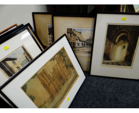 JAMES LEWIS STANT coloured Guild Stamped etchings - various architectural locations including Norman Arch, Chester, Church Ro