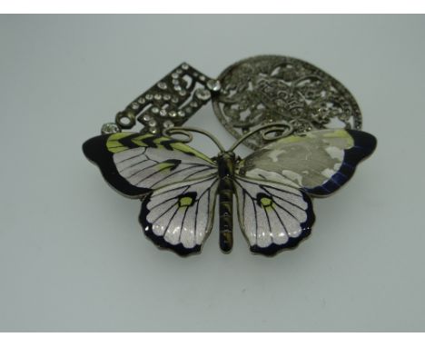 THREE ITEMS OF JEWELLERY IN A VINTAGE CASE comprising Norwegian silver and enamel butterfly brooch, vintage oval marcasite br