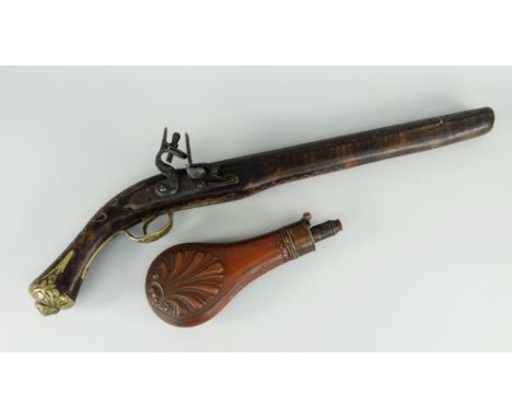 REPRODUCTION ORNAMENTAL FLINTLOCK PISTOL with mother of pearl inlay and brass decoration, together with a copper shot-flask