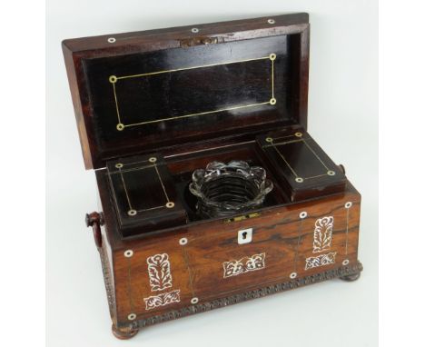 19TH CENTURY ROSEWOOD MOTHER OF PEAL INLAID TEA CADDY having twin handles raised on bun type feet, the lid revealing two tea 