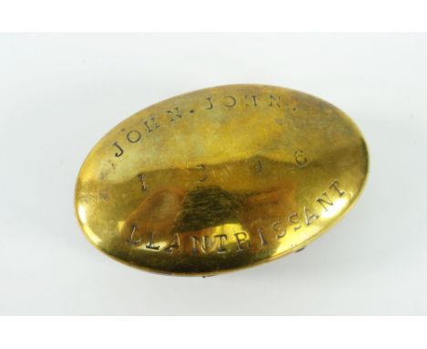 VICTORIAN WELSH OVAL BRASS WORKED SNUFF BOX inscribed John John, Llantrisant, 1896