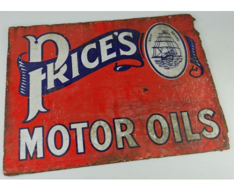 VINTAGE ENAMEL METAL ADVERTISING SIGN FOR PRICE'S MOTOR OILS with oval ship brand logo, 60.5cms high