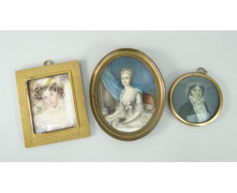 JAMES HOLMES miniature and two further miniatures - comprising (1) portrait of a girl with curls, signed J Holmes, indistinct