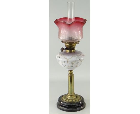 ANTIQUE BRASS &amp; BLACK GLASS BASED OIL LAMP, floral vaseline glass reservoir, tinted cranberry and pink floral glass shade