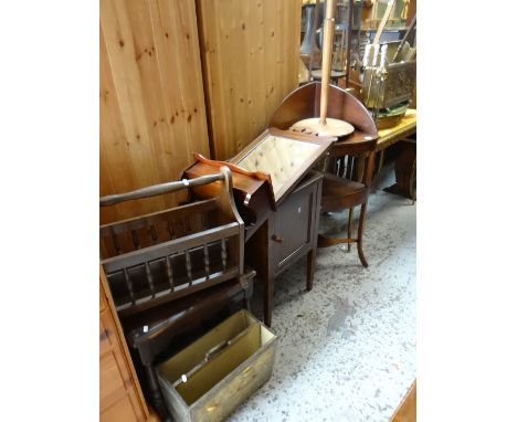 ASSORTED FURNITURE including antique corner wash-stand, vintage hanging mahogany mirror with glove compartment, standard lamp