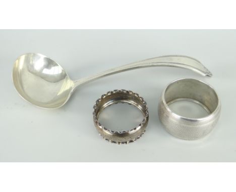 ENGLISH HALLMARKED SILVER LADLE &amp; TWO SILVER NAPKIN RINGS, 3.4ozs