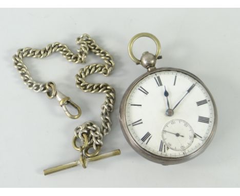 SILVER POCKET WATCH enamel dial with Roman numeral chapter ring together with T-bar pocket watch chain.