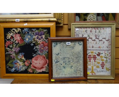 SMALL SILK SAMPLER WITH VERSE, by Sarah Wooldridge Age 10 and dated 1842, 29 x 25cms, together with another naive sampler by 