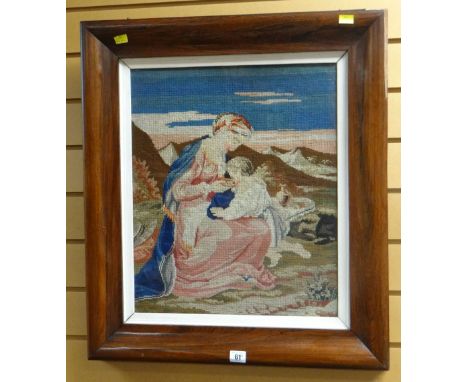 BERLIN WORK BIBLICAL SAMPLER - two figures in a landscape in a rosewood frame, circa 1890, 67 x 60cms (including frame)
